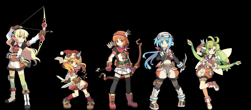 arrow artist_request bow_(weapon) dagger elf_(totomono) fairy_(totomono) gnome_(totomono) human_(totomono) ken_to_mahou_to_gakuen_mono ken_to_mahou_to_gakuen_mono_2 khulaz multiple_girls official_art thighhighs weapon zettai_ryouiki