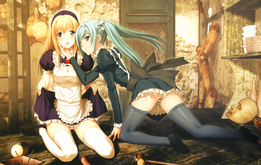 :o absurdres all_fours anna_(gekkou_no_carnevale) arm_support blonde_hair blue_eyes gekkou_no_carnevale green_hair hand_on_another's_cheek hand_on_another's_face highres lunaria maid multiple_girls oosaki_shin'ya panties pantyshot purple_eyes striped striped_panties thighhighs twintails underwear