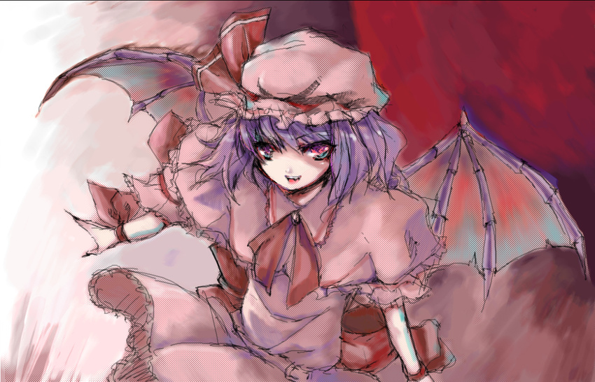 atoshi bad_id bad_pixiv_id bat_wings hat remilia_scarlet short_hair solo touhou vampire wings