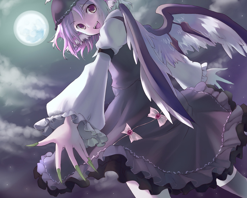 animal_ears fingernails hat long_fingernails looking_back moon myaaco mystia_lorelei night pink_hair short_hair smile solo touhou wings