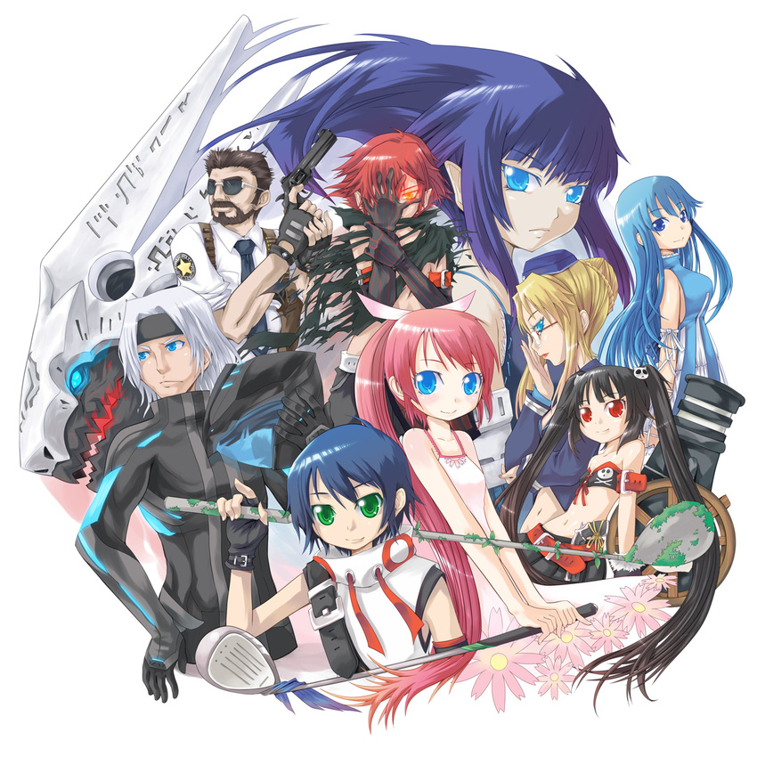 5girls aqua_eyes arin azer bandeau bare_shoulders beard black_hair blonde_hair blue_hair bodysuit cecilia_(pangya) cien dragon dress everyone facial_hair fingerless_gloves glasses gloves golf_club green_eyes gun hair_ribbon hana_(pangya) handgun headband helmet highres katou_kouki kaz kooh lee_byung_hee long_hair max_(pangya) multiple_boys multiple_girls navel necktie nuri pangya pink_hair police purple_hair red_eyes red_hair ribbon short_hair smile strapless sunglasses tubetop weapon white_hair