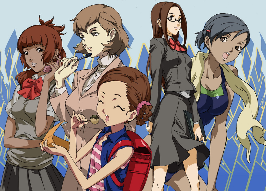 ^_^ backpack bag black_hair blazer brown_hair cellphone closed_eyes competition_swimsuit dark_skin food fushimi_chihiro glasses gyaru jacket kogal makacoon moriyama_natsuki multiple_girls nishiwaki_yuuko one-piece_swimsuit oohashi_maiko pen persona persona_3 phone randoseru ribbon school_uniform striped sweater_vest swimsuit takoyaki teacher toriumi_isako towel vest