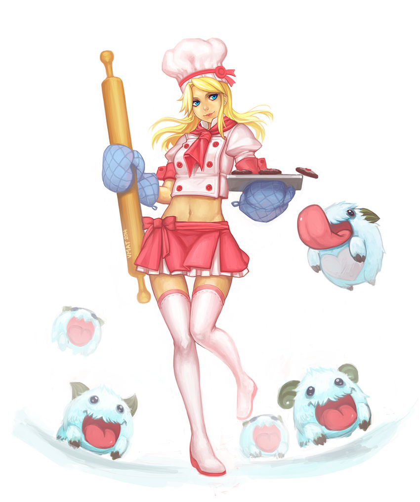 artist_name blonde_hair blue_eyes boots chef chef_hat chef_uniform gloves hat highres league_of_legends long_hair luxanna_crownguard midriff oven_mitts poro_(league_of_legends) rolling_pin solo thigh_boots thighhighs toque_blanche vmat