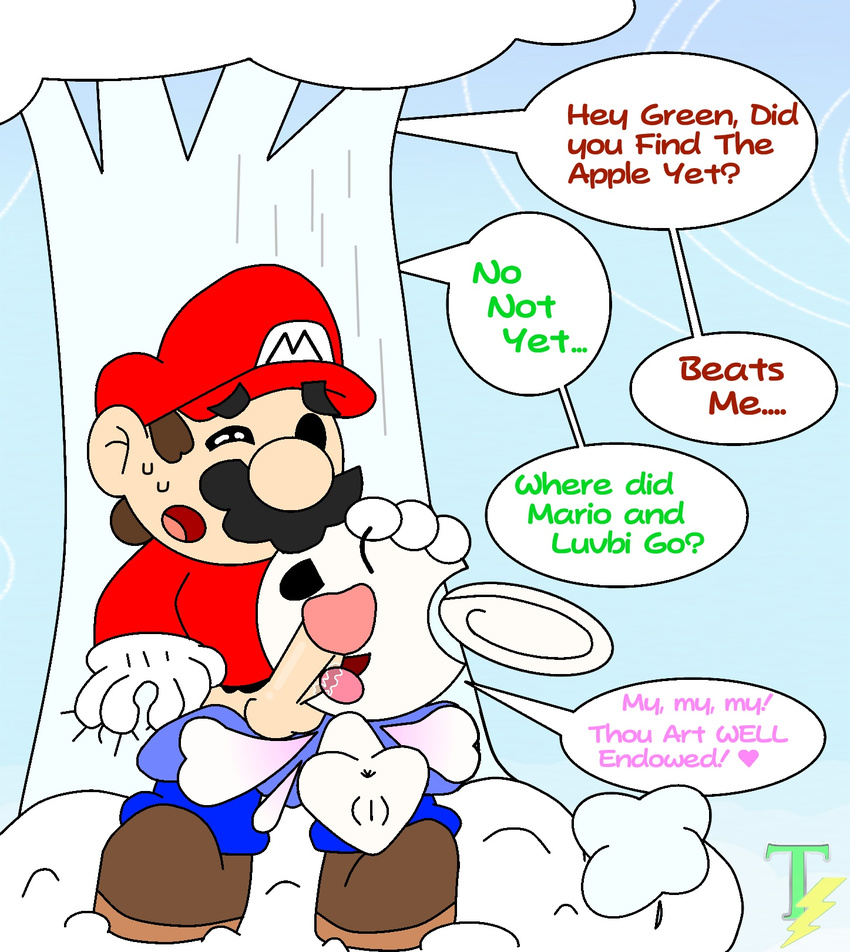 behind_tree butt clothed clothing english_text erection facial_hair fellatio female hair luvbi male mario mario_bros mustache nintendo open_mouth oral oral_sex paper_mario penis pull_down pussy sex smile straight sweat text thunderfap tongue video_games