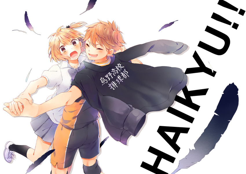 1girl blonde_hair brown_hair copyright_name feathers haikyuu!! hair_ornament hinata_shouyou holding_hands kama_(satoyan) school_uniform short_hair side_ponytail smile yachi_hitoka