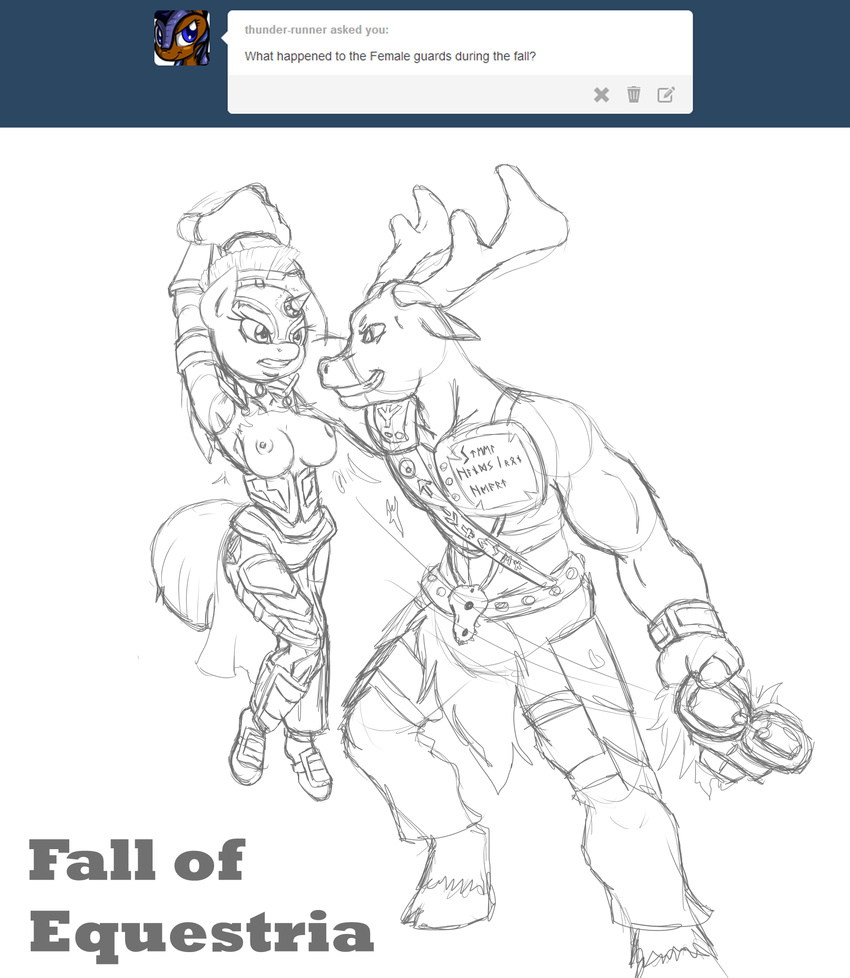 anthro anthrofied antlers armor black_and_white breasts caribou clothing english_text equine fall_of_equestria female friendship_is_magic galea helmet horn male mammal monochrome muscles my_little_pony nipples pinned plain_background poprocks royal_guard_(mlp) sketch skull text torn_clothing tumblr unicorn white_background