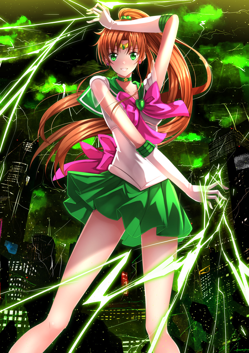 back_bow bishoujo_senshi_sailor_moon blush bow brown_hair choker city collarbone earrings elbow_gloves electricity gloves green_choker green_eyes green_sailor_collar grin highres jewelry kino_makoto long_hair long_legs magical_girl pink_bow ponytail sailor_collar sailor_jupiter sailor_senshi_uniform skirt smile solo star star_choker super_sailor_jupiter swordsouls tiara very_long_hair white_gloves