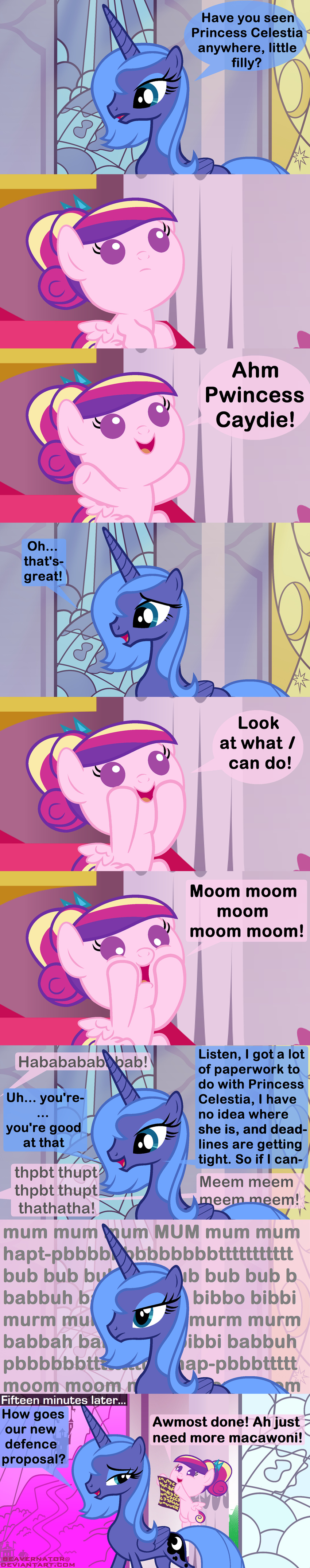 baby_talk beavernator blue_eyes blue_hair bow comic dialog english_text equine female friendship_is_magic hair horn mammal multi-colored_hair my_little_pony pegasus ponytail princess_cadance_(mlp) princess_luna_(mlp) purple_eyes stained_glass text window winged_unicorn wings young
