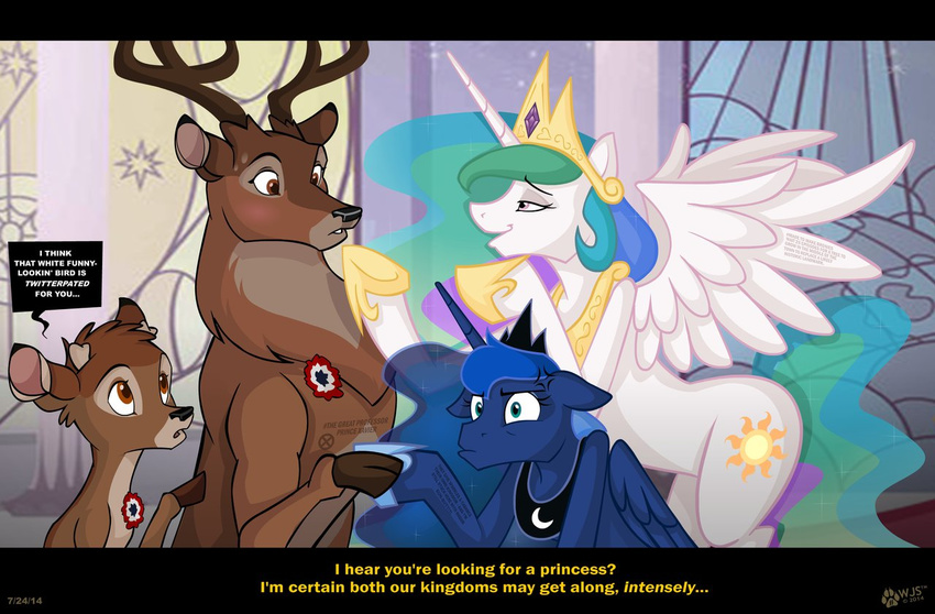 2014 bambi cervine crossover deer disney english_text equine female feral friendship_is_magic great_prince_of_the_forest horn horse humor male mammal my_little_pony pony princess_celestia_(mlp) princess_luna_(mlp) text winged_unicorn wings wolfjedisamuel