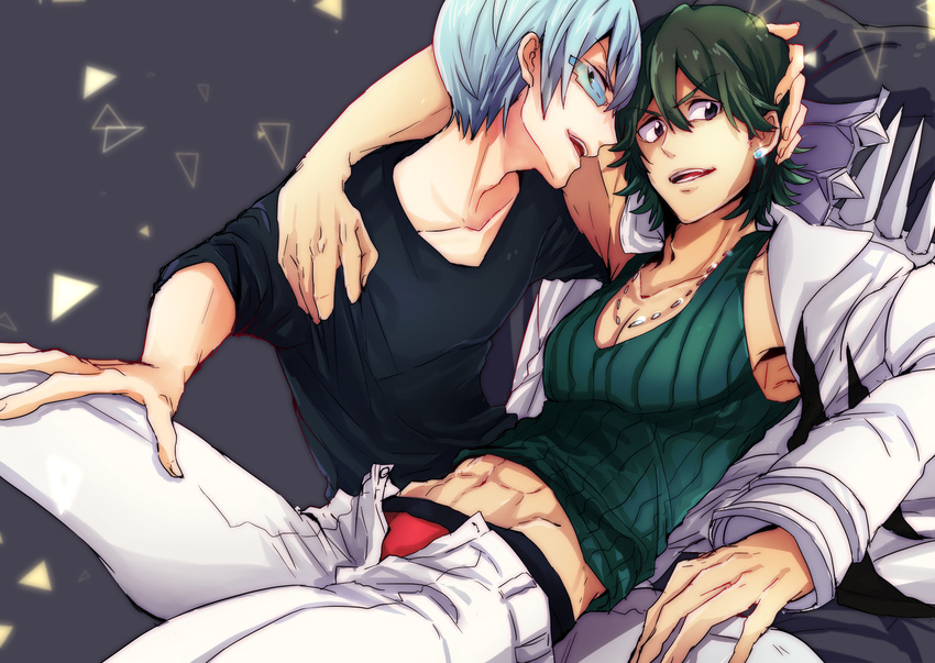 abs arm_around_neck blue_hair earrings glasses green_hair hand_on_another's_head highres inumuta_houka jewelry kill_la_kill male_focus multiple_boys muscle necklace on_lap sanageyama_uzu underwear yaoi yunkru