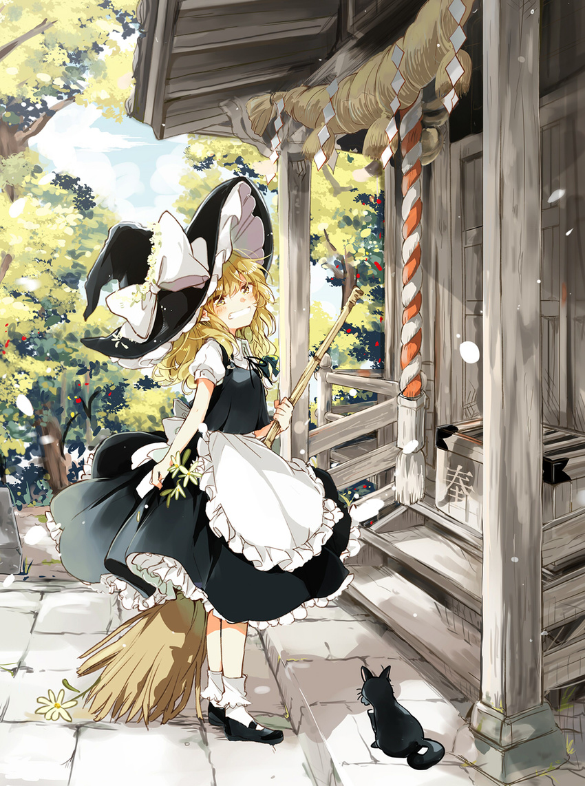 apron black_dress blonde_hair blue_sky bobby_socks bow box braid broom cat cloud commentary_request day donation_box dress flower frills grin hakurei_shrine hat hat_bow highres kirisame_marisa long_hair looking_at_viewer mary_janes messy_hair outdoors poprication puffy_short_sleeves puffy_sleeves revision ribbon rope shide shimenawa shirt shoes short_sleeves shrine shrine_bell single_braid sky smile socks solo touhou tree tsurime waist_apron wavy_hair witch witch_hat yellow_eyes