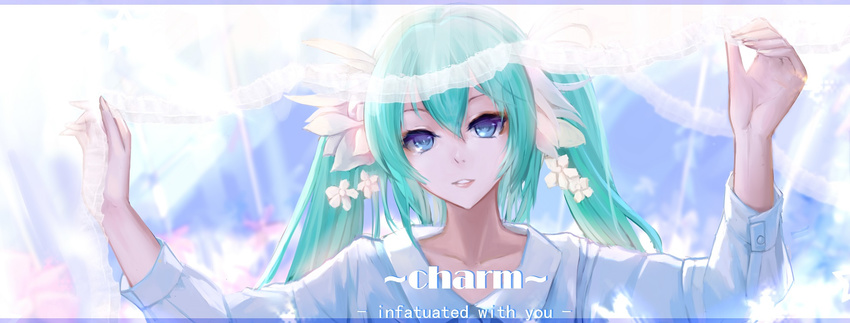 aqua_hair blue_eyes charm_(vocaloid) hatsune_miku highres long_hair solo song_name twintails vocaloid wangchuan_de_quanyan