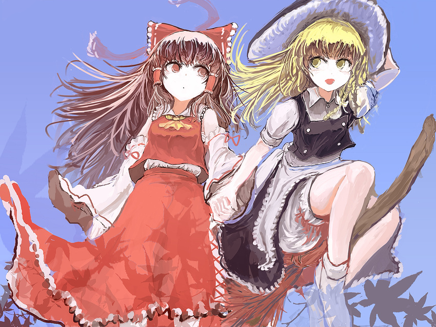 apron ashiyama_yoshinori black_hat blonde_hair bloomers blue_sky bow broom broom_riding brown_hair collared_shirt detached_sleeves frilled_apron frilled_bow frilled_skirt frills hair_bow hair_tubes hakurei_reimu hand_on_headwear hat holding_hands kirisame_marisa leaf long_hair long_sleeves looking_at_another multiple_girls outdoors puffy_short_sleeves puffy_sleeves red_bow red_eyes red_skirt riding shirt short_sleeves skirt skirt_set sky sleeves_past_wrists touhou underwear witch_hat yellow_eyes