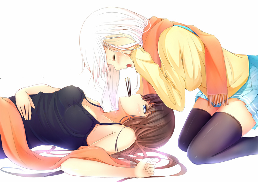 black_legwear blue_eyes blush breasts brown_hair closed_eyes face-to-face food holding holding_hair imminent_kiss kero_(tomoki-tiger) kneeling leaning_forward long_hair lying medium_breasts mouth_hold multiple_girls on_back open_mouth original pocky scarf skirt tank_top thighhighs white_background white_hair yuri zettai_ryouiki
