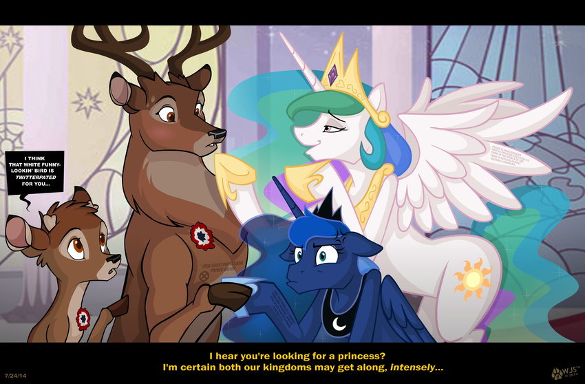 ambassador bambi cervine crossover deer disney english_text equine female feral friendship_is_magic great_prince_of_the_forest horn horse humor male mammal my_little_pony pony princess_celestia_(mlp) princess_luna_(mlp) text winged_unicorn wings wolfjedisamuel