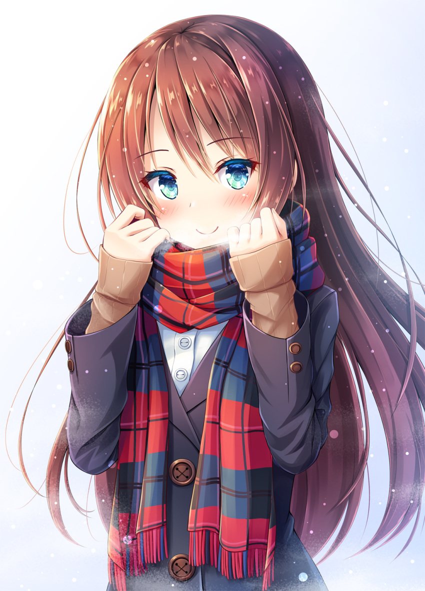 1girl akashio_(loli_ace) bangs black_jacket blue_eyes blush breath brown_hair closed_mouth commentary_request dress_shirt eyebrows_visible_through_hair fringe_trim green_eyes hair_between_eyes hands_up head_tilt highres jacket long_hair long_sleeves multicolored multicolored_eyes original scarf shirt sleeves_past_wrists smile solo upper_body very_long_hair white_shirt