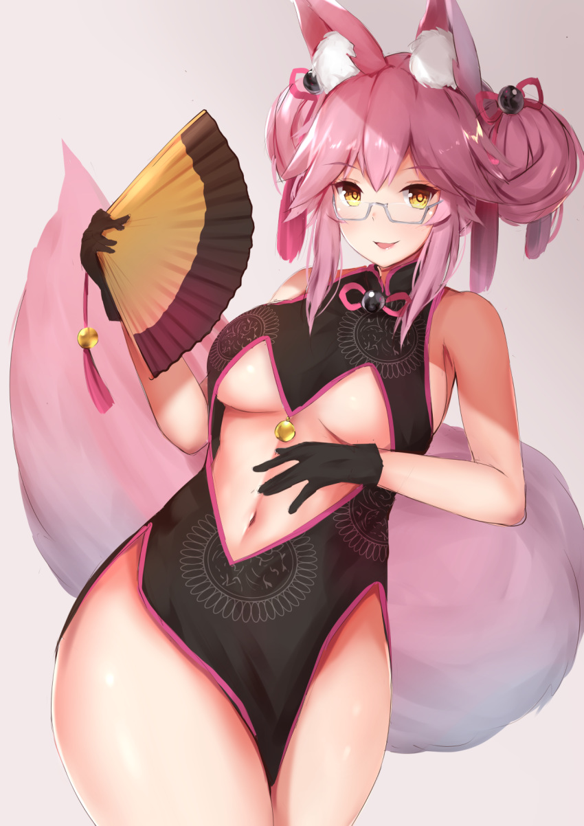 1girl animal_ear_fluff animal_ears bangs bare_shoulders bell black_dress black_gloves breasts center_opening china_dress chinese_clothes dress fate/grand_order fate_(series) fox_ears fox_girl fox_tail glasses gloves hair_between_eyes highres hips jingle_bell john_zhang koyanskaya large_breasts long_hair looking_at_viewer navel parted_lips pink_hair sidelocks smile solo tail tassel thighs tied_hair underboob yellow_eyes