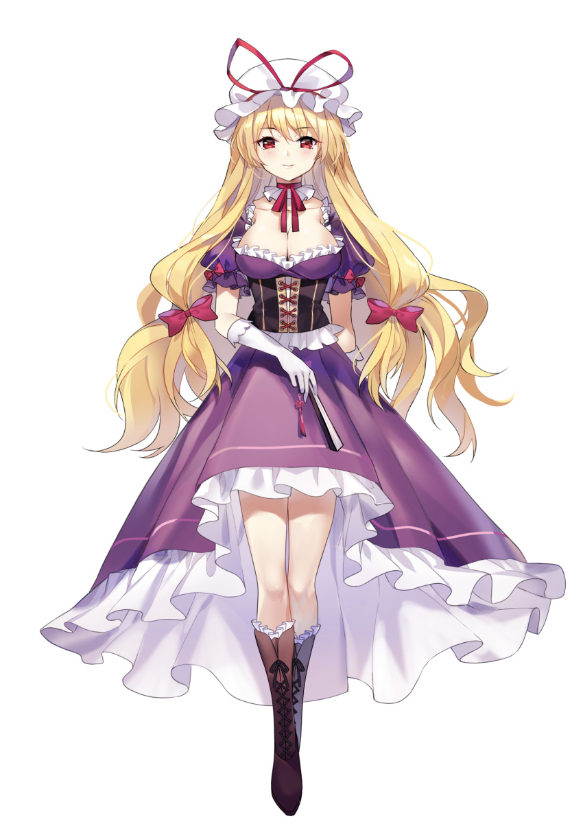 1girl blonde_hair boots bow breasts brown_footwear choker cleavage corset cross-laced_footwear dress fan folding_fan full_body gloves hair_bow hat hat_ribbon highres holding holding_fan lace-up_boots long_hair looking_at_viewer medium_breasts mob_cap puffy_short_sleeves puffy_sleeves purple_dress red_bow red_eyes red_ribbon ribbon sheska_xue short_sleeves simple_background smile solo standing touhou very_long_hair wavy_hair white_background white_gloves white_hat yakumo_yukari