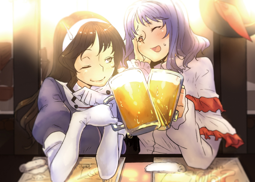alcohol ashigara_(kantai_collection) bakuya beer beer_mug blouse breasts brown_eyes brown_hair crossover cup elbow_gloves frilled_shirt frills gloves hairband hat hat_removed headwear_removed highres holding holding_cup kantai_collection large_breasts lips long_hair multiple_girls nagae_iku open_mouth purple_hair red_eyes ribbon shawl shirt short_hair sitting smile toast_(gesture) touhou white_gloves