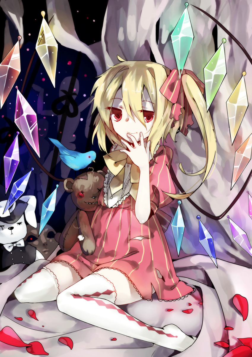 absurdres adapted_costume bad_id bad_pixiv_id blonde_hair comic dress flandre_scarlet hair_bobbles hair_ornament highres laevatein looking_at_viewer no_hat no_headwear petals red_(girllove) red_dress side_ponytail sitting smile solo striped striped_dress stuffed_animal stuffed_bunny stuffed_toy teddy_bear thighhighs touhou wariza white_legwear wings zettai_ryouiki