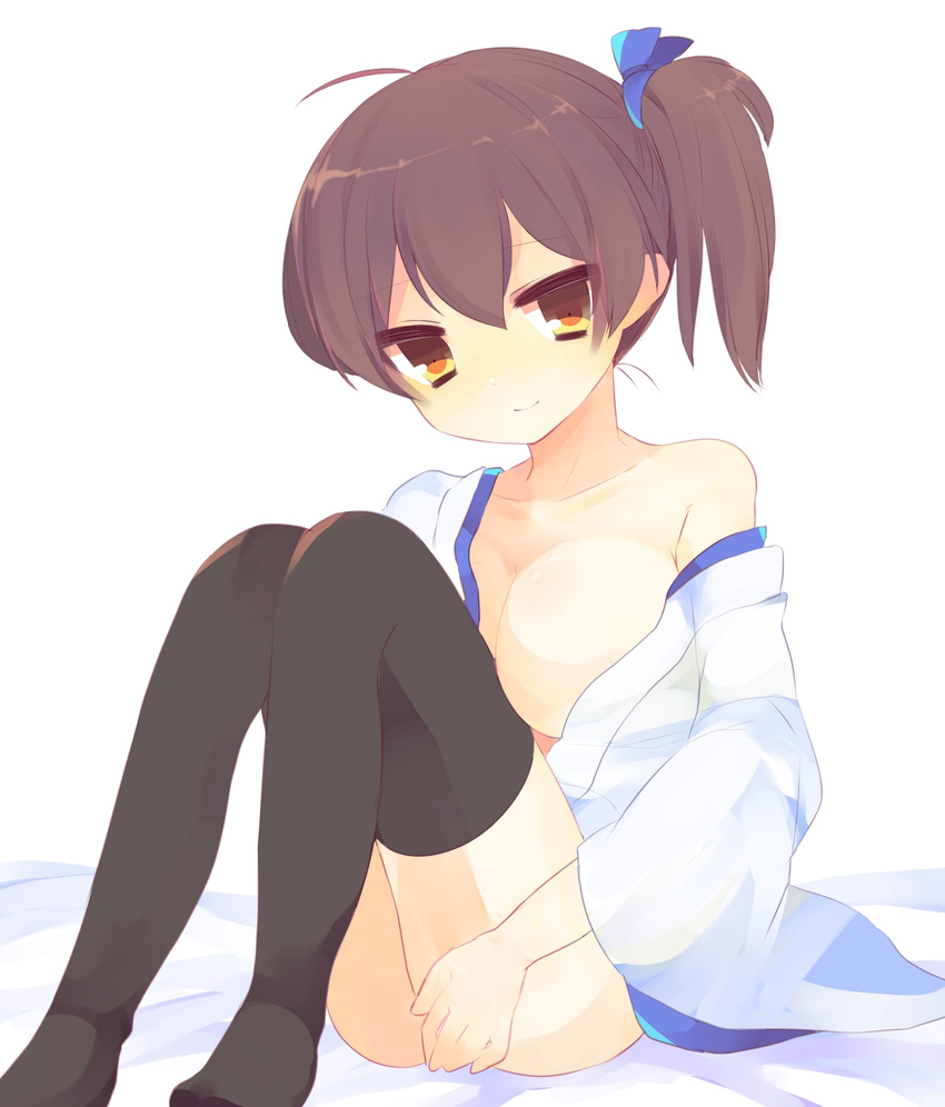 bad_id bad_pixiv_id breasts brown_eyes brown_hair covering covering_ass hair_ribbon highres japanese_clothes kaga_(kantai_collection) kantai_collection large_breasts looking_at_viewer off_shoulder open_clothes ribbon shapeson side_ponytail sitting smile solo thighhighs