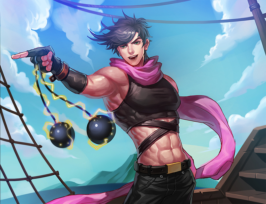 bad_id bad_pixiv_id black_hair bola_(weapon) contrapposto crop_top electricity fingerless_gloves gloves green_eyes jojo_no_kimyou_na_bouken joseph_joestar_(young) male_focus midriff scarf ship sobi_(dnenqkswja) solo standing watercraft