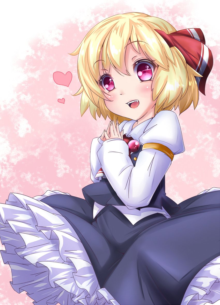armband ascot aya-on_(miria00) blonde_hair fang frilled_skirt frills gradient gradient_background hair_ribbon heart highres juliet_sleeves long_sleeves looking_at_viewer open_mouth pink_background puffy_sleeves red_eyes ribbon rumia short_hair skirt skirt_set sleeves_past_wrists solo steepled_fingers touhou