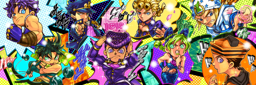 6+boys :3 cha_kuro_(limo) chibi dixie_cup_hat giorno_giovanna hat higashikata_jousuke higashikata_jousuke_(jojolion) johnny_joestar jojo_no_kimyou_na_bouken jojolion jonathan_joestar joseph_joestar_(young) kuujou_jolyne kuujou_joutarou military_hat multiple_boys pointing steel_ball_run