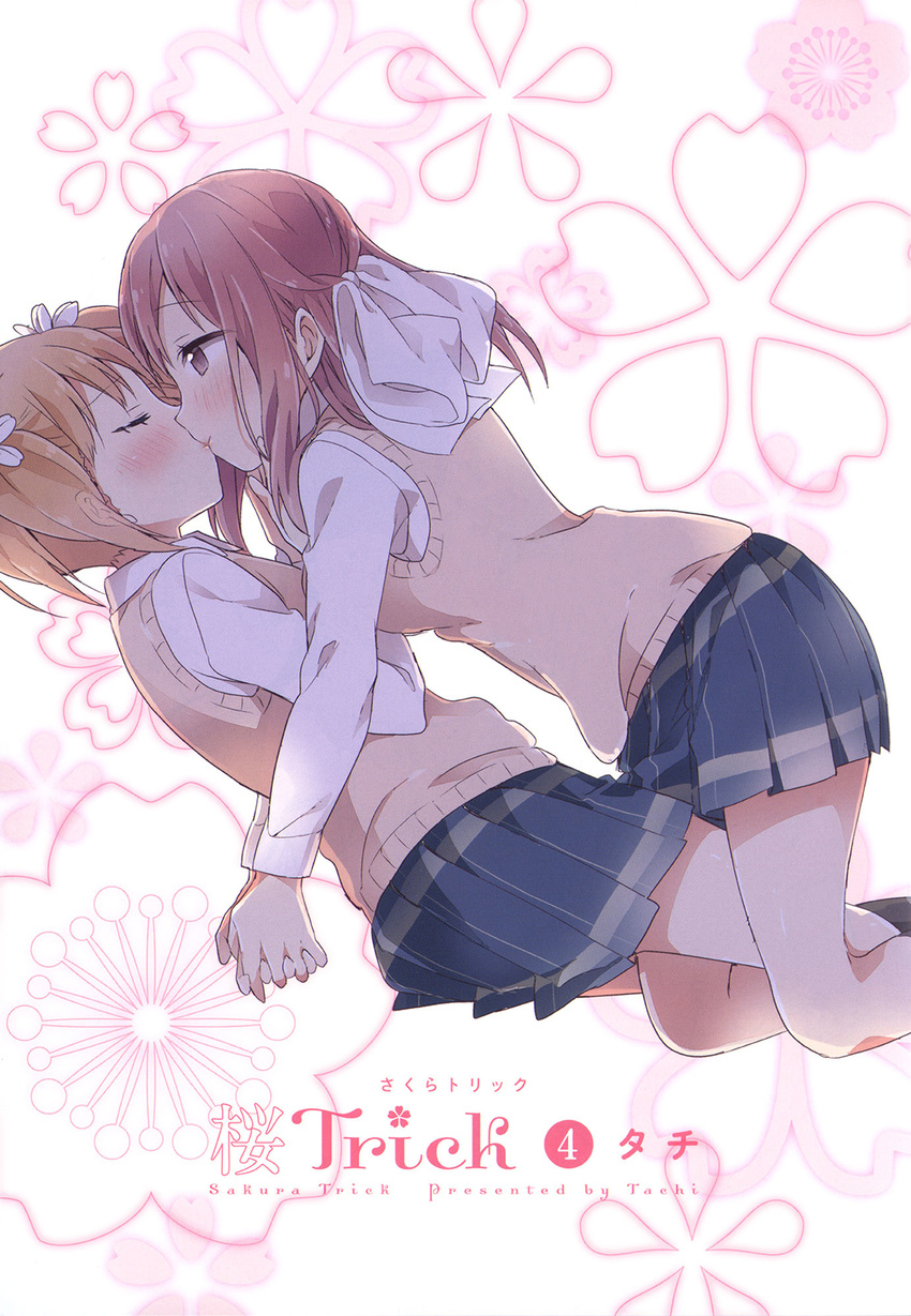 2girls blonde_hair blush eyes_closed flower hair_decoration hair_ornament hug kiss looking_at_another multiple_girls official_art pink_hair sakura_trick school_uniform skirt sonoda_yuu tachi_(gutsutoma) takayama_haruka uniform yuri