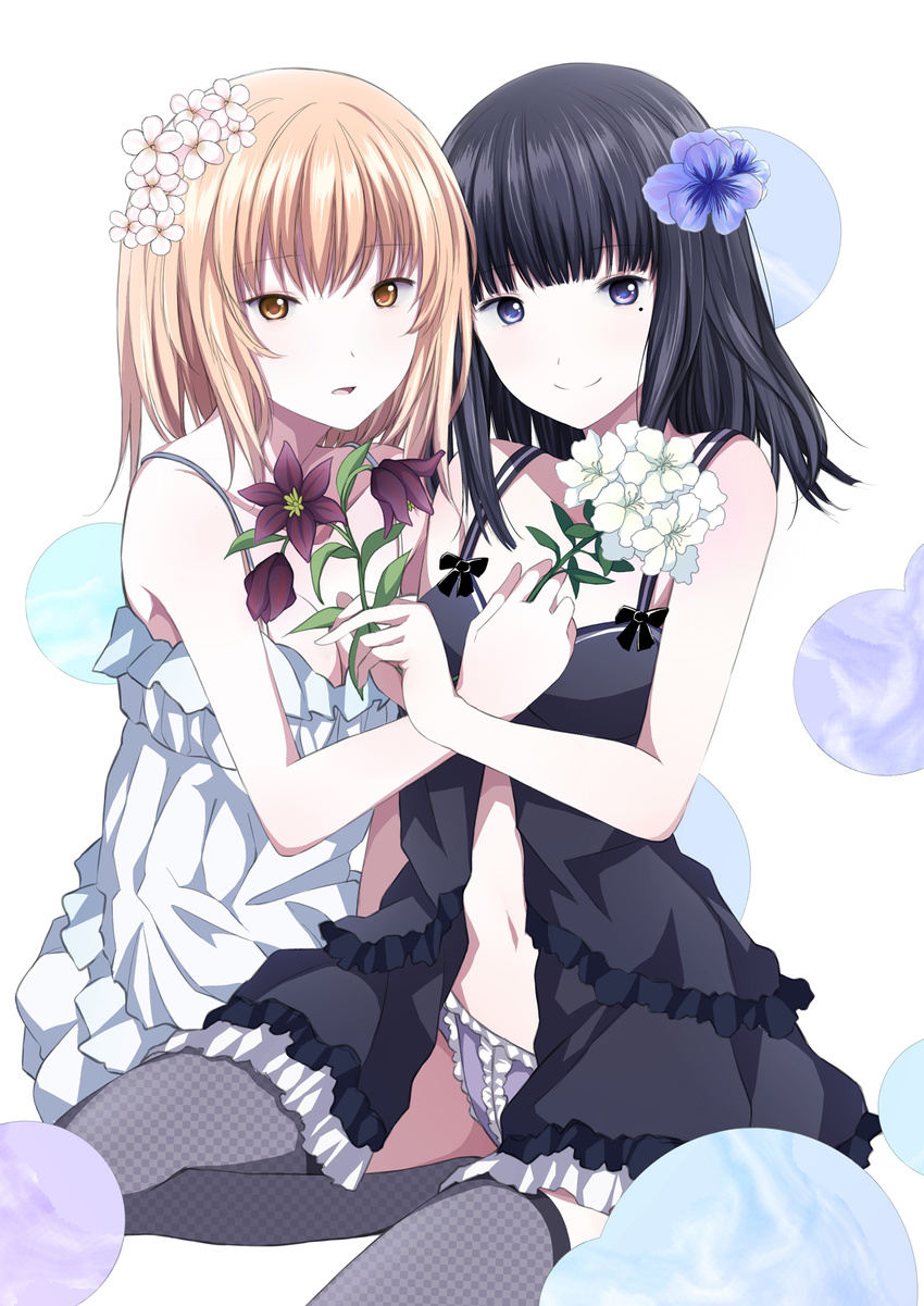 azalea_(flower) babydoll bangs bare_arms black_babydoll black_hair blue_eyes brown_eyes brown_hair commentary_request flower hair_flower hair_ornament highres lily_(flower) long_hair looking_at_viewer mole mole_under_eye multiple_girls navel original panties shichouson sleeveless smile thighhighs underwear yuri