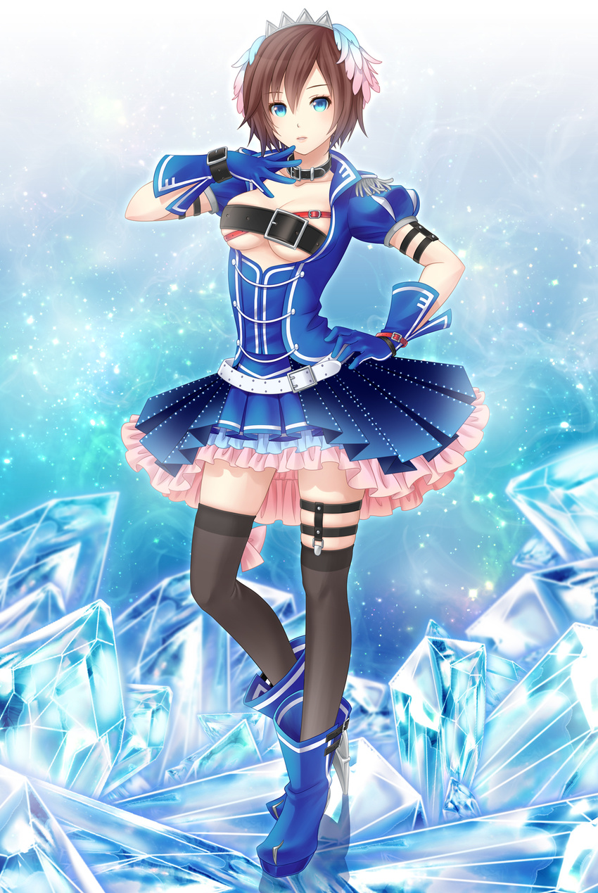 asami_(undoundo) belt blue_crystal_(module) blue_dress blue_eyes breasts brown_hair cleavage dress feathers gloves hair_feathers hand_on_hip high_heels highres ice medium_breasts meiko project_diva_(series) project_diva_f puffy_short_sleeves puffy_sleeves short_hair short_sleeves solo thighhighs tiara underboob vocaloid
