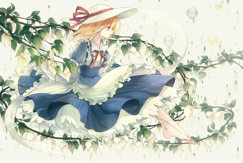 barefoot blonde_hair blue_dress dress elbow_gloves frilled_dress frills gloves hat highres kana_anaberal kieta leaf phantasmagoria_of_dim.dream ribbon solo touhou touhou_(pc-98) yellow_eyes