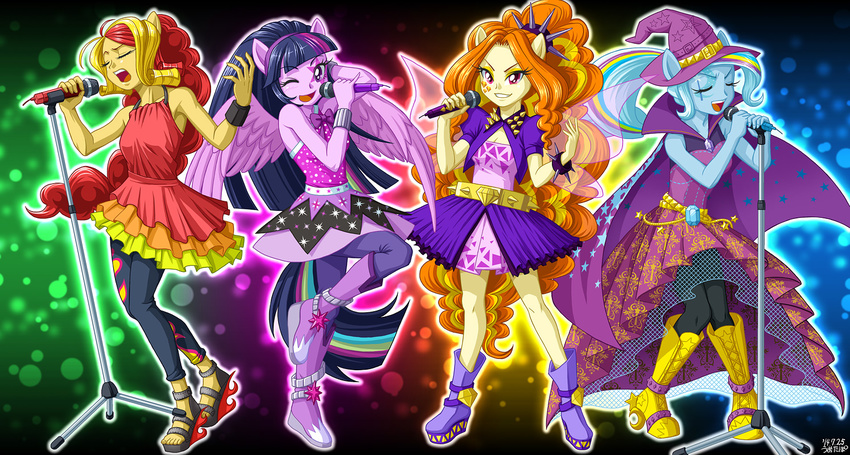 adagio_dazzle_(eg) anthro blue_body blue_hair clothing equestria_girls eyes_closed female group hair hat human humanized long_hair looking_at_viewer mammal microphone my_little_pony one_eye_closed open_mouth orange_hair purple_body purple_eyes purple_hair singing sunset_shimmer_(eg) trixie_(eg) twilight_sparkle_(eg) two_tone_hair uotapo wings wink yellow_body