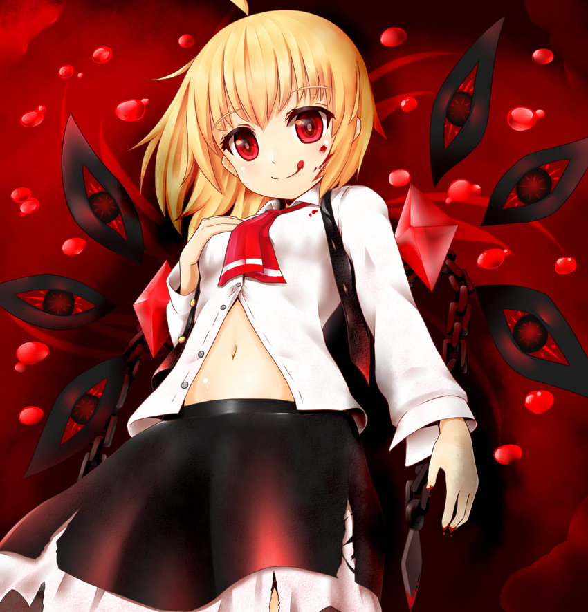:q ahoge blonde_hair blood blood_on_face blood_on_fingers blush ex-rumia hair_ribbon hand_on_own_chest highres navel open_clothes open_shirt red_eyes ribbon rumia shiron_(e1na1e2lu2ne3ru3) shirt short_hair skirt smile solo tongue tongue_out torn_clothes torn_skirt touhou