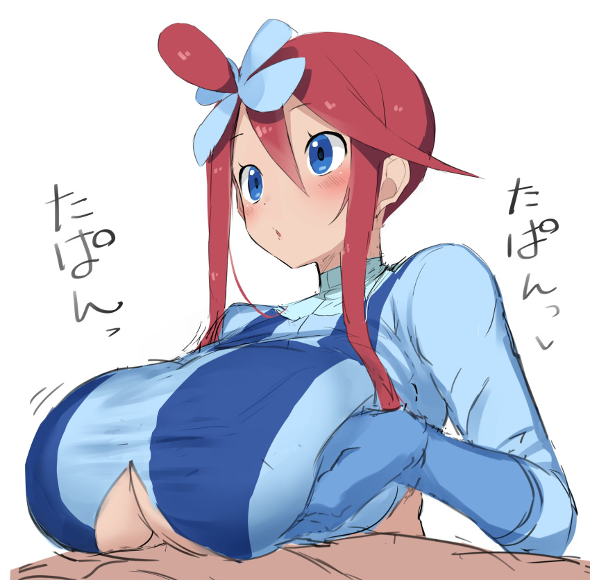 1girl :o absurdres blue_eyes blush breast_hold breasts cleavage cleavage_cutout creatures_(company) fuuro_(pokemon) game_freak gloves greatmosu gym_leader hair_bun hair_ornament highres large_breasts nintendo open_mouth paizuri pilot_suit pokemon pokemon_(game) pokemon_bw red_hair smile text_focus translation_request underboob