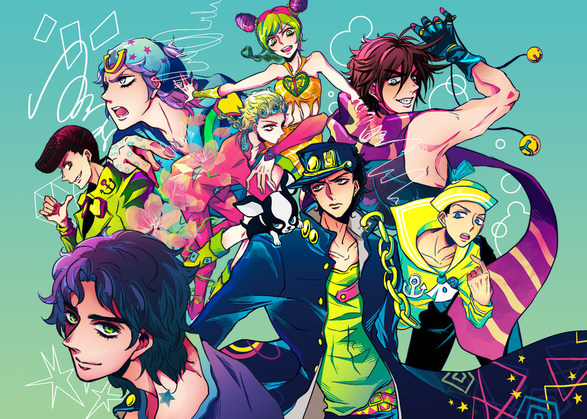 6+boys :d anchor anchor_symbol animal aqua_background arm_up armpits badge bandana bare_arms bare_shoulders black_coat black_hair black_hat blonde_hair blue_eyes blue_gloves blue_hair breasts brown_hair buttons chain closed_mouth coat collarbone colorful curly_hair dog double_bun earrings elbow_gloves expressionless giorno_giovanna gloves green_eyes green_hair grin hat higashikata_jousuke higashikata_jousuke_(jojolion) holding horseshoe icoico jewelry johnny_joestar jojo_no_kimyou_na_bouken jojolion jonathan_joestar joseph_joestar_(young) kuujou_jolyne kuujou_joutarou long_sleeves looking_at_viewer looking_to_the_side multicolored_hair multiple_boys neckerchief open_clothes open_coat open_mouth outstretched_arm pink_hair pointing pointing_at_self profile sailor_collar scarf sideways_mouth simple_background small_breasts smile star_tattoo steel_ball_run streaked_hair striped striped_scarf tattoo teeth triangle unbuttoned v-shaped_eyebrows white_neckwear wristband