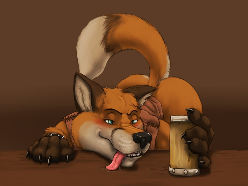 blue_eyes blush bottomless bracelet butt canine claws cup drunk fox jewelry lizardlars mammal raised_tail simple_background solo table teeth tongue tongue_out