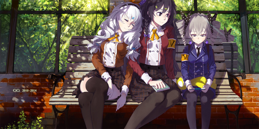 bench benghuai_xueyuan black_eyes black_hair bronya_zaychik cici closed_eyes crossed_legs drill_hair grey_hair head_on_shoulder head_tilt kiana_kaslana leaning_on_person leaning_to_the_side multiple_girls official_art pale_skin raiden_mei school_uniform side-by-side silver_hair sitting skirt sleeping sleeping_on_person sleeping_upright thighhighs tree twin_drills wall white_hair window