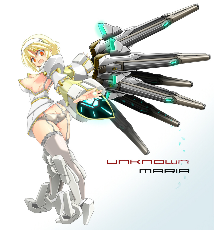 alternate_color armpits ass bare_shoulders black_legwear black_panties blonde_hair breasts butt_crack densou_tenshi_valforce detached_sleeves dress from_behind funnels garter_straps hairband highres karukan_(monjya) lace lace-trimmed_thighhighs large_breasts looking_back mecha_musume open_mouth orange_eyes outstretched_hand panties platinum_blonde_hair rikudou_maria short_hair sideboob smile solo strapless strapless_dress thighhighs underwear upskirt