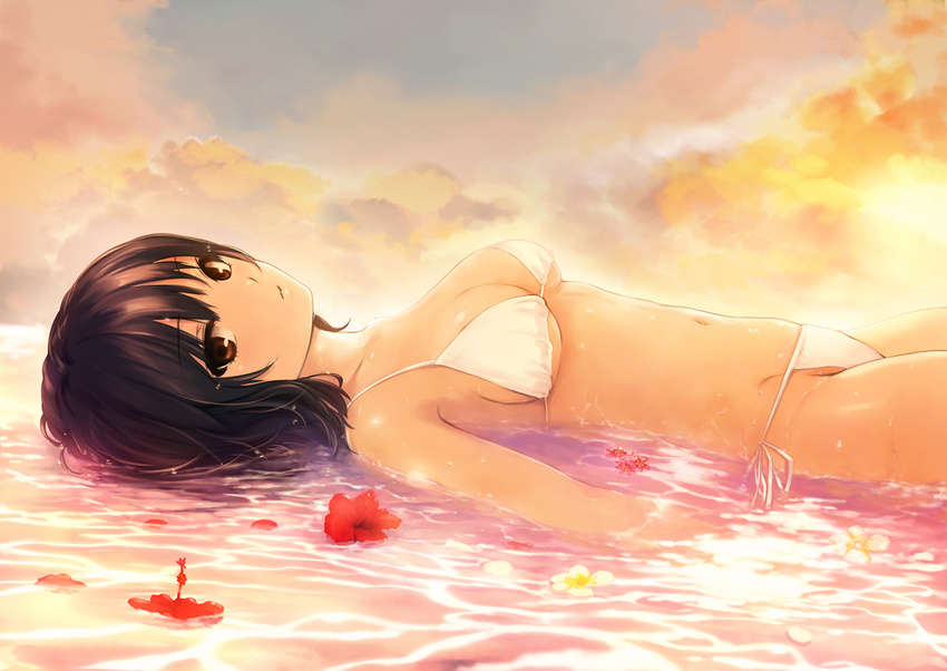 aoyama_sumika bangs bare_shoulders bikini black_hair breasts brown_eyes cleavage cloud cloudy_sky coffee-kizoku eyebrows_visible_through_hair flower from_side hibiscus looking_at_viewer looking_to_the_side lying medium_breasts navel on_back original outdoors partially_submerged petals shiny shiny_skin side-tie_bikini sky solo string_bikini sunset swimsuit wet white_bikini