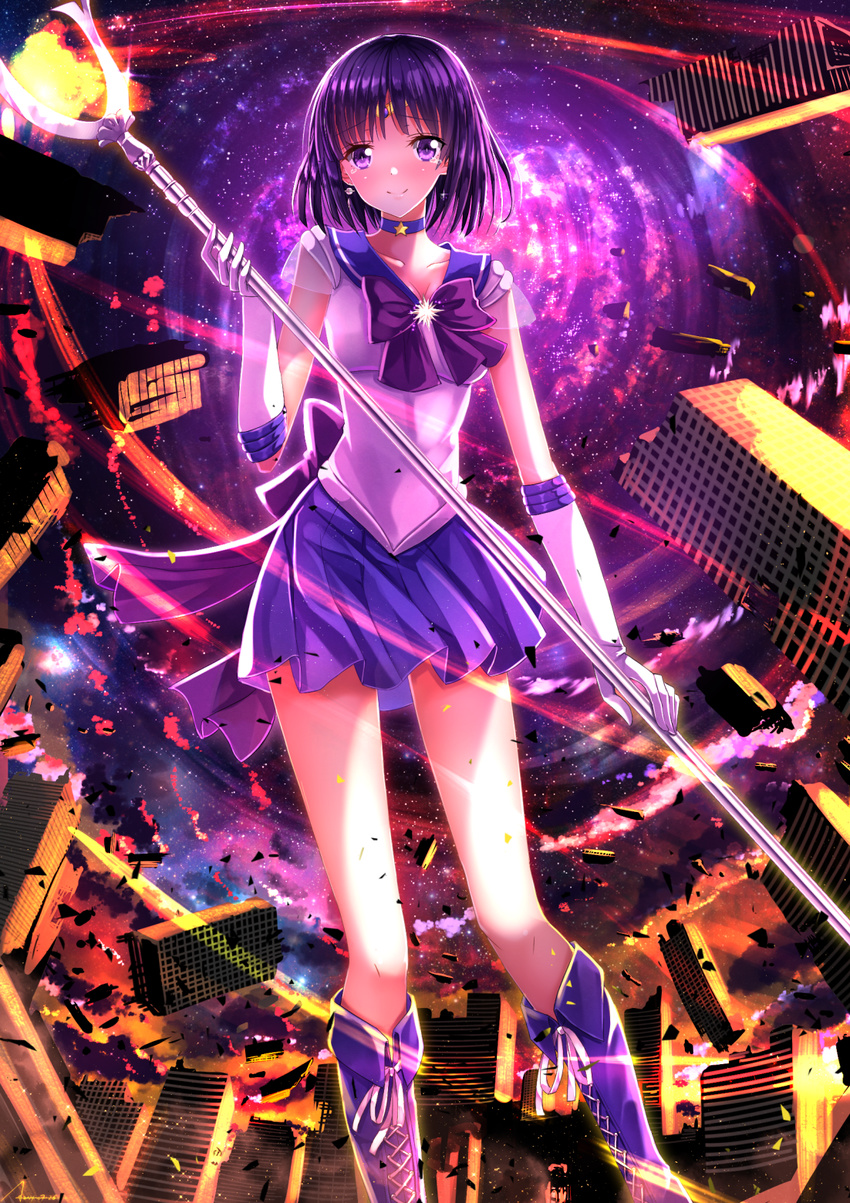back_bow bishoujo_senshi_sailor_moon blush boots bow breasts choker city collarbone cross-laced_footwear debris destruction elbow_gloves fire flame gloves highres holding holding_spear holding_weapon long_legs magical_girl medium_breasts polearm purple_bow purple_eyes purple_footwear purple_hair purple_sailor_collar ribbon sailor_collar sailor_saturn sailor_senshi_uniform short_hair silence_glaive skirt smile solo spear star star_choker super_sailor_saturn swordsouls tears tiara tomoe_hotaru weapon white_gloves