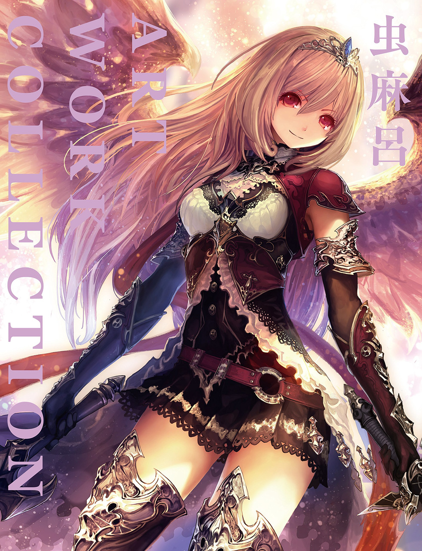 absurdres armor armored_dress black_gloves blonde_hair boots cover cover_page dark_angel_olivia dress dual_wielding elbow_gloves gloves greaves hair_between_eyes highres holding light_smile long_hair red_eyes shingeki_no_bahamut short_dress smile solo sword tachikawa_mushimaro thigh_boots thighhighs tiara weapon wings