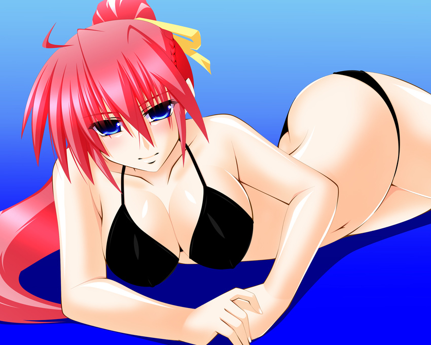 bikini black_bikini blue_eyes blush breasts butt_crack cleavage engo_(aquawatery) hair_ribbon large_breasts long_hair looking_at_viewer lying lyrical_nanoha mahou_shoujo_lyrical_nanoha mahou_shoujo_lyrical_nanoha_a's on_side pink_hair ponytail ribbon signum solo swimsuit