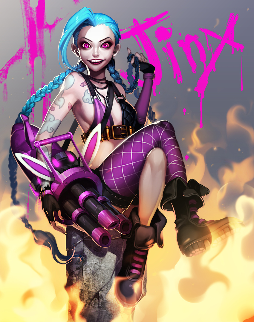 1girl blue_hair boots braid fire gloves hairline highres jinx_(league_of_legends) league_of_legends lipstick makeup noeunjung93 pink_eyes tattoo twin_braids twintails weapon