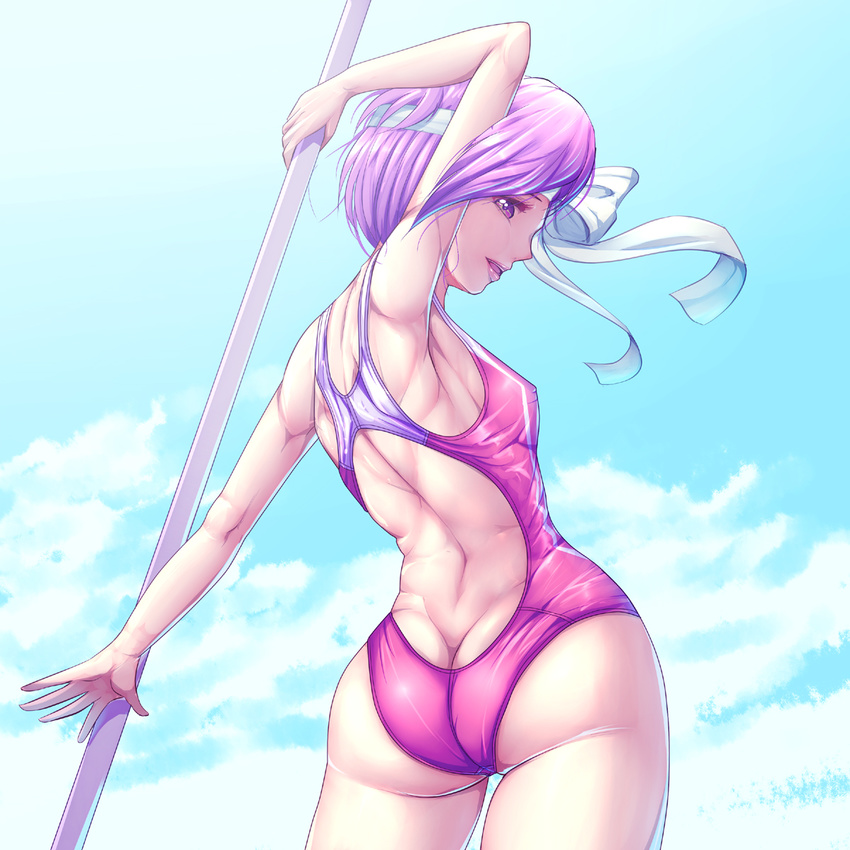 ass bare_shoulders breasts cecil_(fire_emblem) competition_swimsuit fire_emblem fire_emblem:_monshou_no_nazo harihisa looking_back one-piece_swimsuit purple_eyes purple_hair short_hair small_breasts smile solo swimsuit