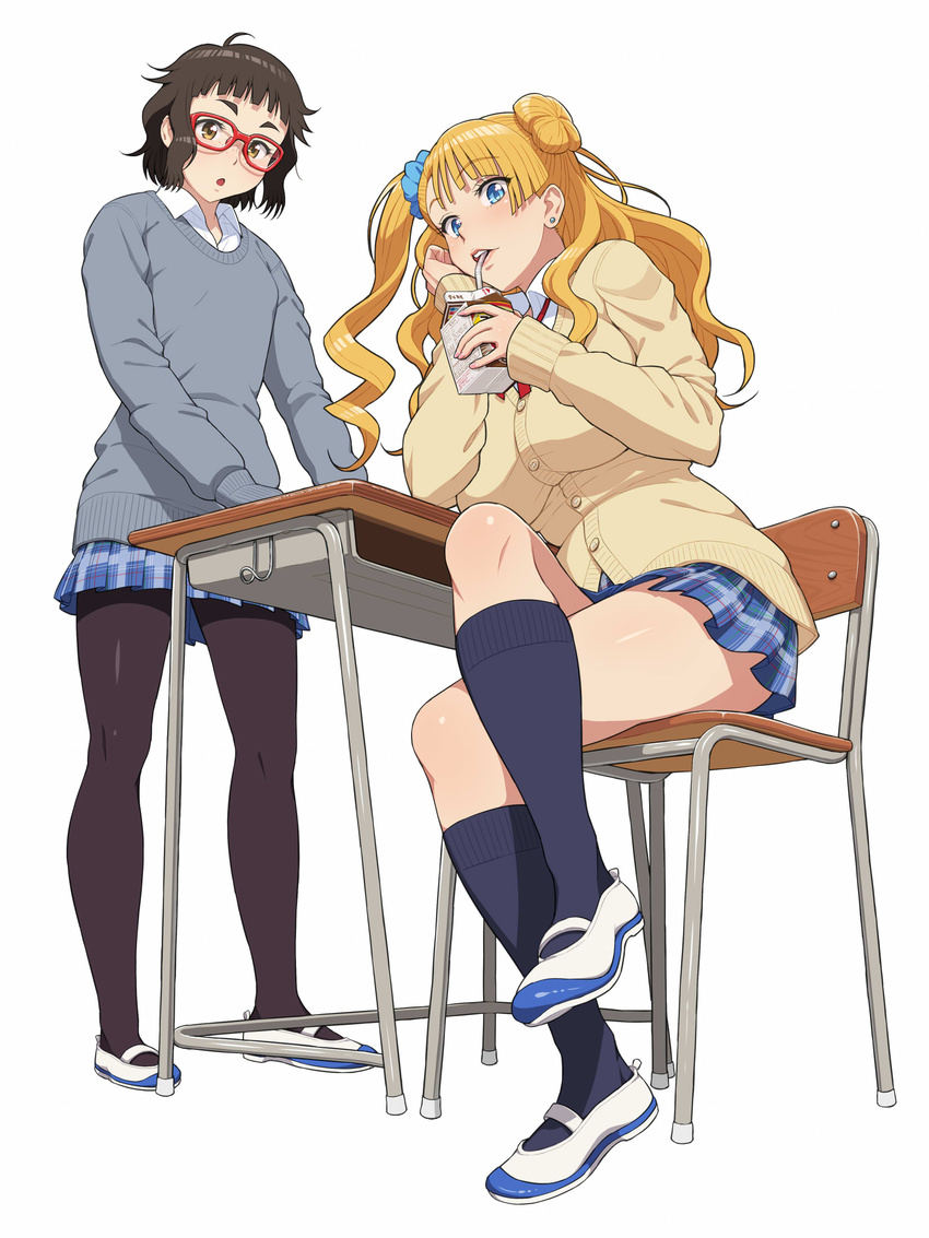 asymmetrical_hair black_hair black_legwear blue_eyes breasts brown_eyes cardigan chin_rest crossed_legs desk drinking drinking_straw flat_chest flats freckles full_body galko glasses gyaru highres kneehighs kogal large_breasts long_hair looking_at_viewer milk_carton multiple_girls navy_blue_legwear nigou one_side_up oshiete!_galko-chan otako_(galko) pantyhose plaid plaid_skirt red-framed_eyewear school_desk school_uniform scrunchie shoes short_hair side_bun sitting skirt sweater uwabaki