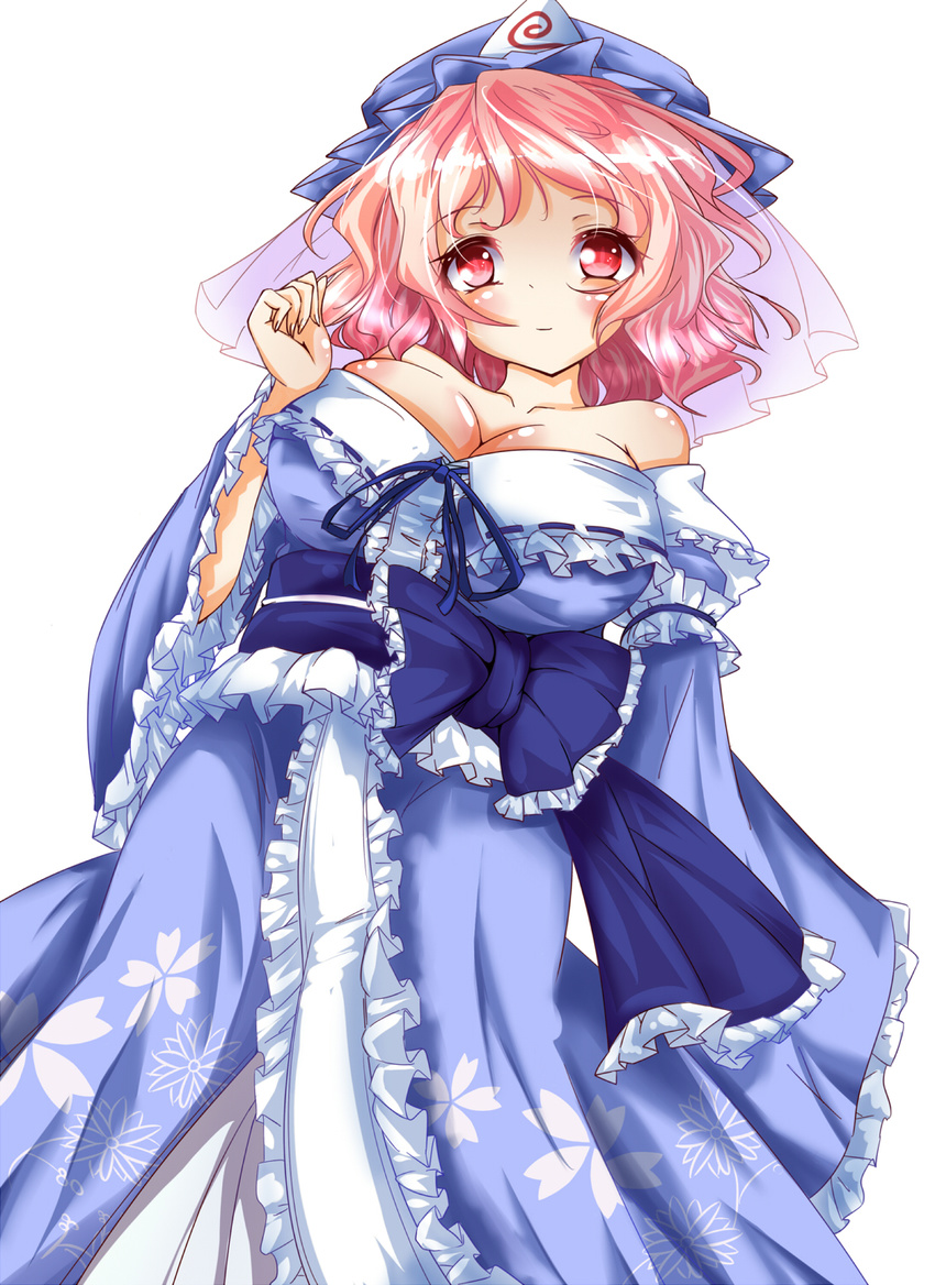 aya-on_(miria00) bare_shoulders breasts cleavage fingernails hand_up hat highres japanese_clothes kimono large_breasts light_smile looking_at_viewer mob_cap obi off_shoulder pink_eyes pink_hair saigyouji_yuyuko sash short_hair simple_background solo touhou triangular_headpiece white_background