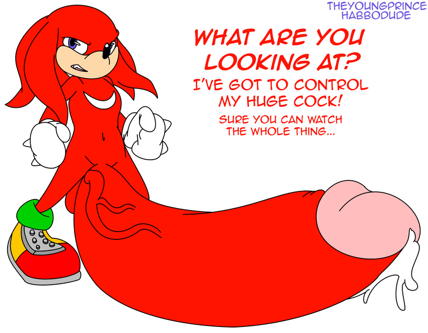 anthro balls echidna english_text erection habbodude hyper hyper_penis knuckles_the_echidna male nude penis precum ptrcum sega solo sonic_(series) text theyoungprince