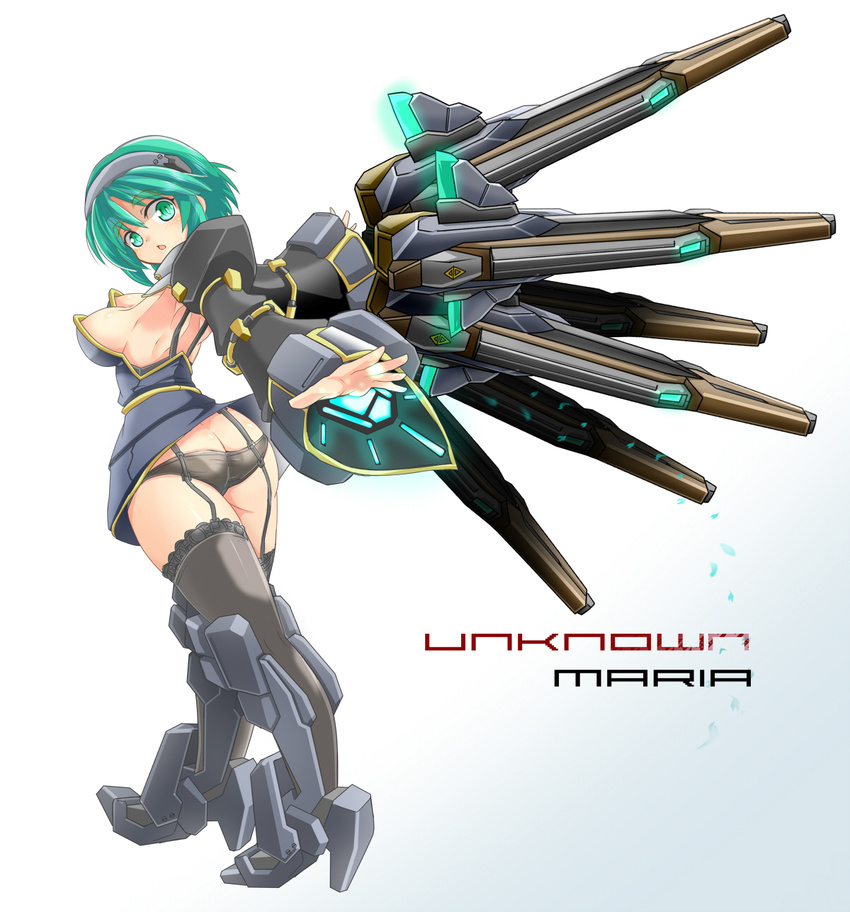 alternate_color aqua_eyes aqua_hair armpits ass bare_shoulders black_legwear black_panties breasts butt_crack densou_tenshi_valforce detached_sleeves dress from_behind funnels garter_straps hairband highres karukan_(monjya) lace lace-trimmed_thighhighs large_breasts looking_back mecha_musume outstretched_hand panties parted_lips rikudou_maria short_hair sideboob solo strapless strapless_dress thighhighs underwear upskirt