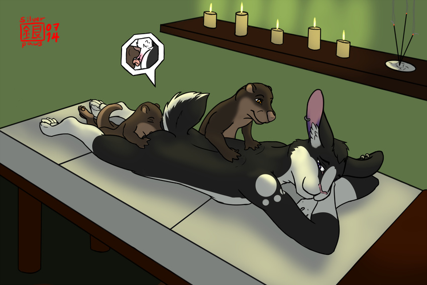 anthro antrho anus bed butt candle chakat-silverpaws female fur interspecies invalid_tag lagomorph licking male mammal massage mustelid nude open_mouth oral oral_sex otter rabbit sex size_difference smile tongue tongue_out